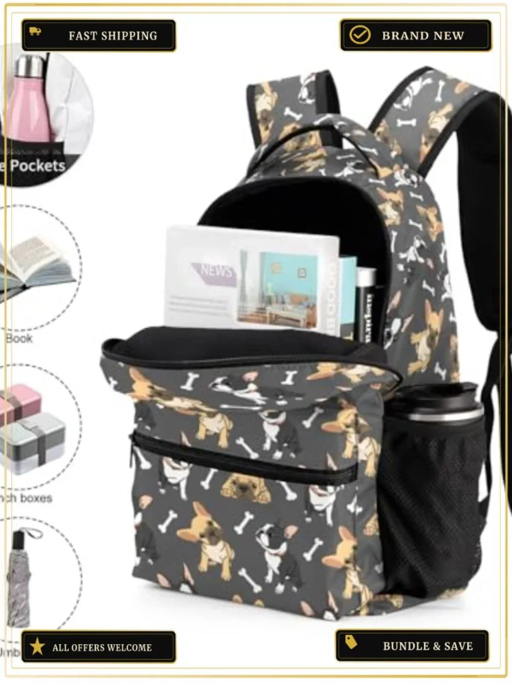 French Bulldog Backpack Set with Lunch Bag & Pencil Case, 17in 900D Nylon, Kids